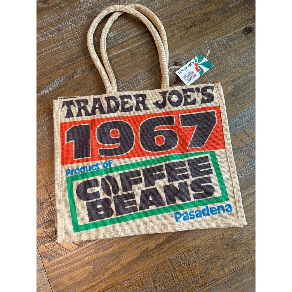 Trader Joes 1967 Coffee Beans Pasadena Jute Tote Bag Reusable 9 Gallon NWT